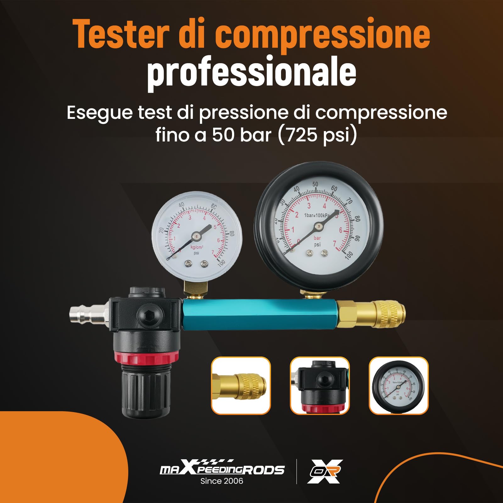 maXpeedingrods Tester di compressione 46 pezzi, 50 bar, M10 M-12 M14 M-18 | tester-di perdita di pressione per diesel, benzina, auto, camion, motori diesel, 50bar