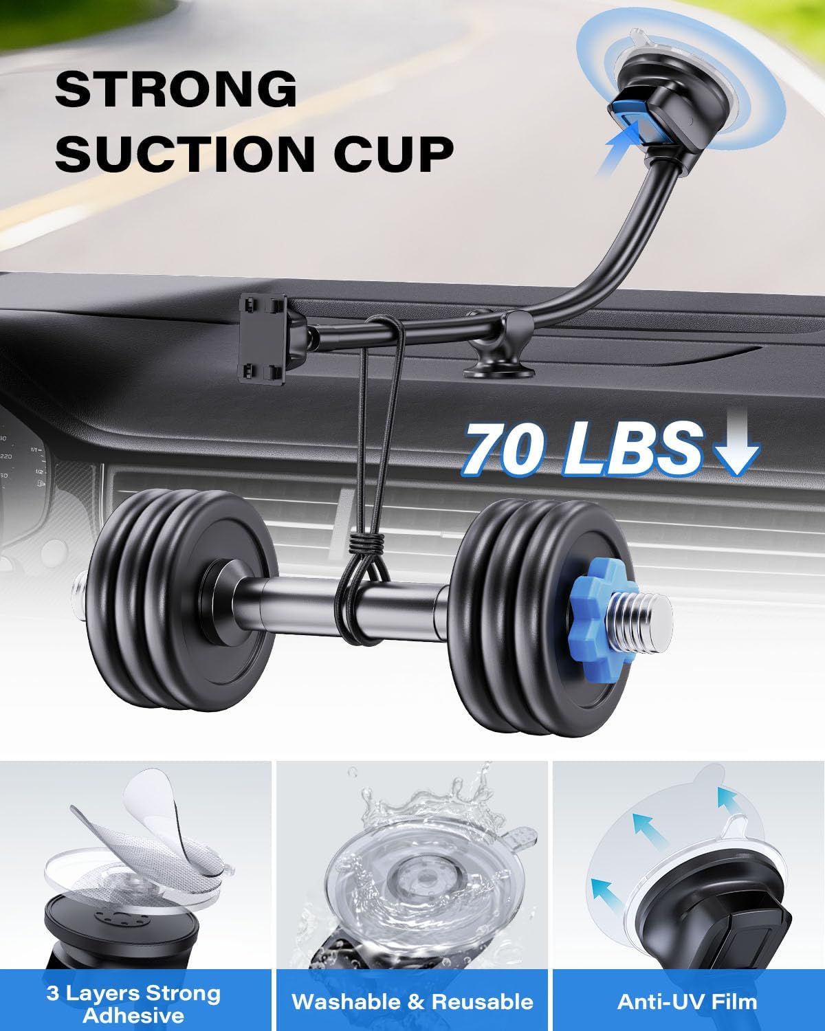 1Zero Windshield CarPlay Mount for Car, CarPlay Holder Mount with 14-Inch Long Arm, Flexible & Bendable Strong Suction Cup, Compatible with 7-11 Inch CarPlay Screens & GPS Navigation