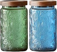 Vista 16 de Tarro de almacenamiento de vidrio vintage con tapa de madera maciza, recipiente de cocina con diseño de girasol para café, dulces, detergente