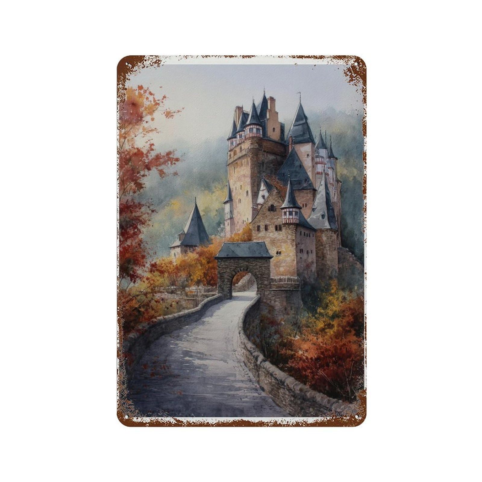xiaoxiaoshen Koblenz Germany Castle Watercolor Travel Historic European (2) Wall Decor Art Metal Tin Poster Modern Home Decor Art Home Bar Shop Decorations Vintage Sign 30x20cm