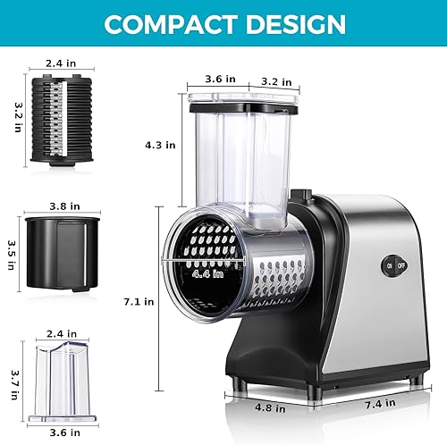 Miniatura 4 de Rallador eléctrico de queso de 250 W, rallador 5 en 1 para rebanar, triturar, rallar con 5 cuchillas sin BPA, cortador de verduras con control de un