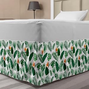 Ambesonne Philodendron Elastic Bed Skirt Tropical Leaves with Bird of Paradise Flower Wrap Around Fabric Bedskirt Dust Ruffle