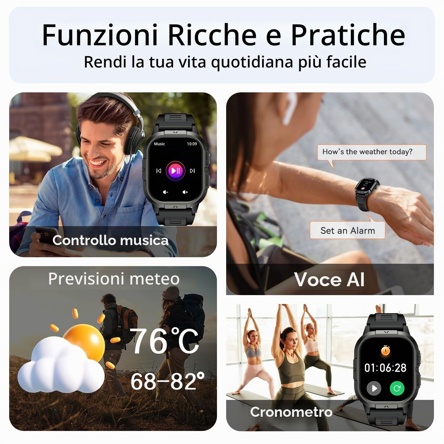 Smartwatch Uomo Donna Orologio Militare Digitale: Chiamate Bluetooth Smart Watch Contapassi Orologi Fitness Watch Sportive Cardiofrequenzimetro da Polso Impermeabile Notifiche Whatsapp per Android iOS
