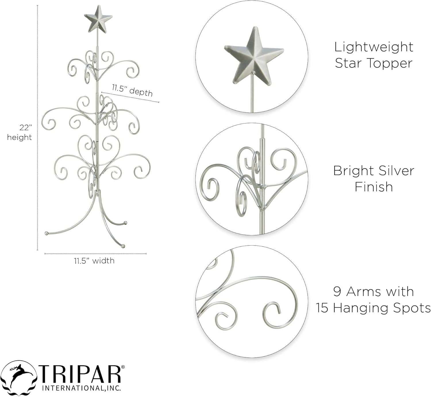Tripar Decorative Tree Ornament & Jewelry Display, Silver Finish (22-Inch Height) - Decorative Metal Wire Stand - 3 Tiers of Branches, Perfect for Wrought Iron Trees - Perfect Holiday Gift