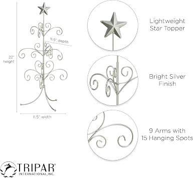 Tripar Decorative Tree Ornament & Jewelry Display, Silver Finish (22-Inch Height) - Decorative Metal Wire Stand - 3 Tiers of Branches, Perfect for Wrought Iron Trees - Perfect Holiday Gift