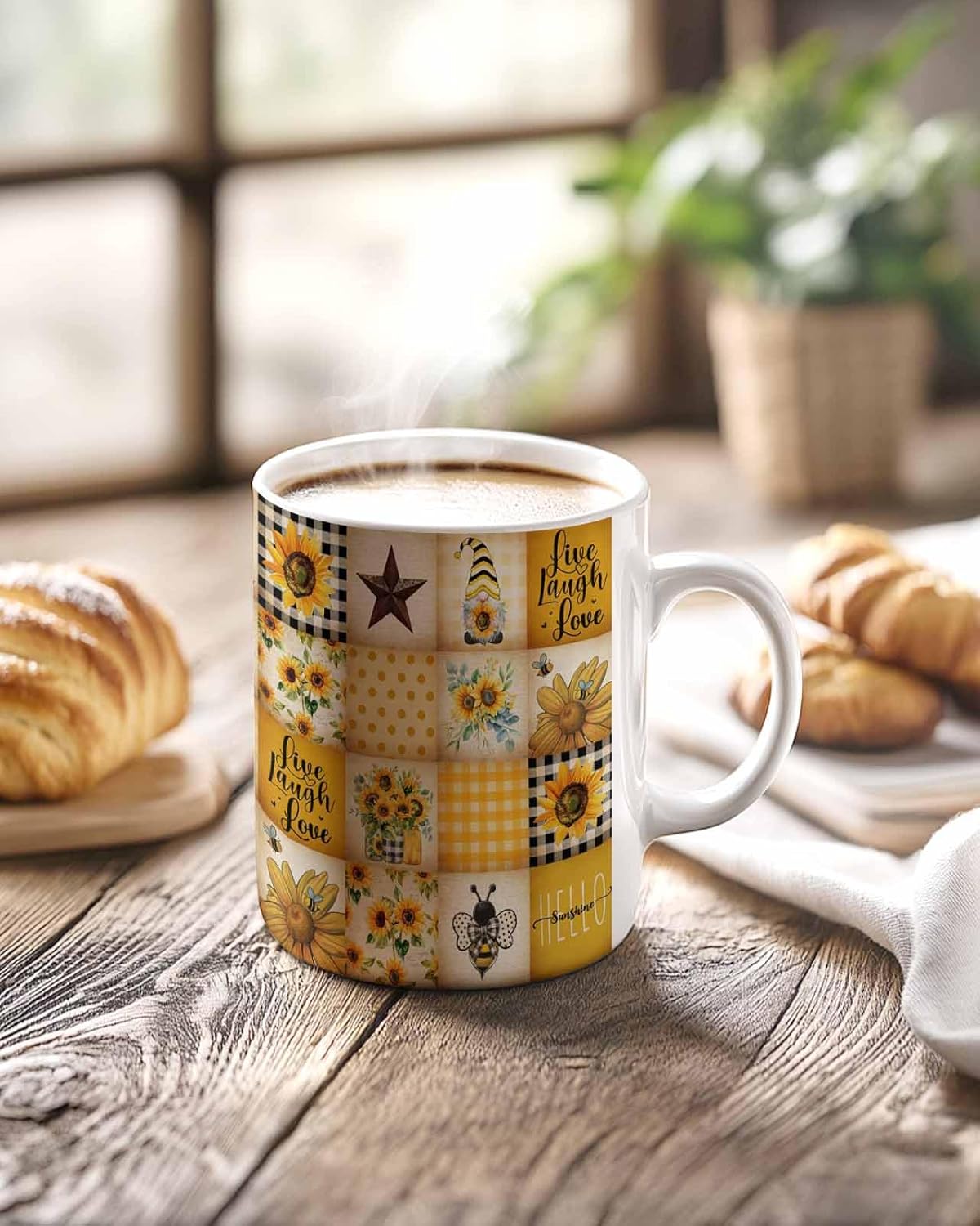 BEMIGO Ceramic Coffee Mug Retro Farmhouse Plaid Ceramic Mug White Cup, Bee Flower Gnome Star Insulated Coffee Cup with Handle with Pattern Perfect for Tea and Hot Beverages, 12oz