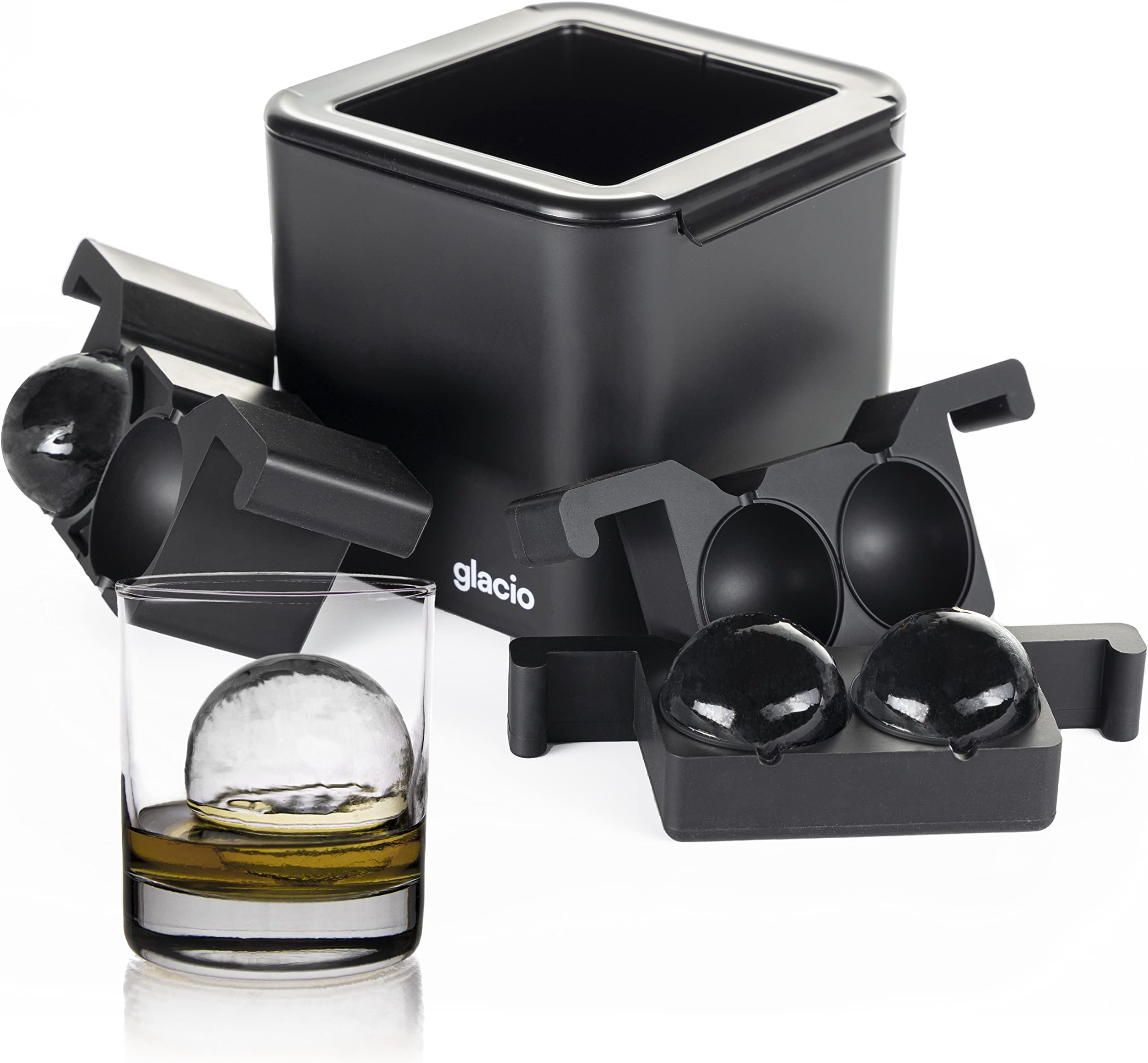 glacio Premium Quad Clear Ice Sphere - Whiskey Ice Ball Maker Large 2.5 Inches - Crystal Clear Ice Maker Sphere - Sphere Ice Mold Maker - Premium Clear Ice Ball Maker Mold Prepares 4 Balls