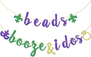 Beads Booze and I Dos Banner, NOLA Wedding Decorations, New Orleans Bachlorette Party Sign, Pre-Strung Bach Supplies, Purple, Green and Gold Glitter