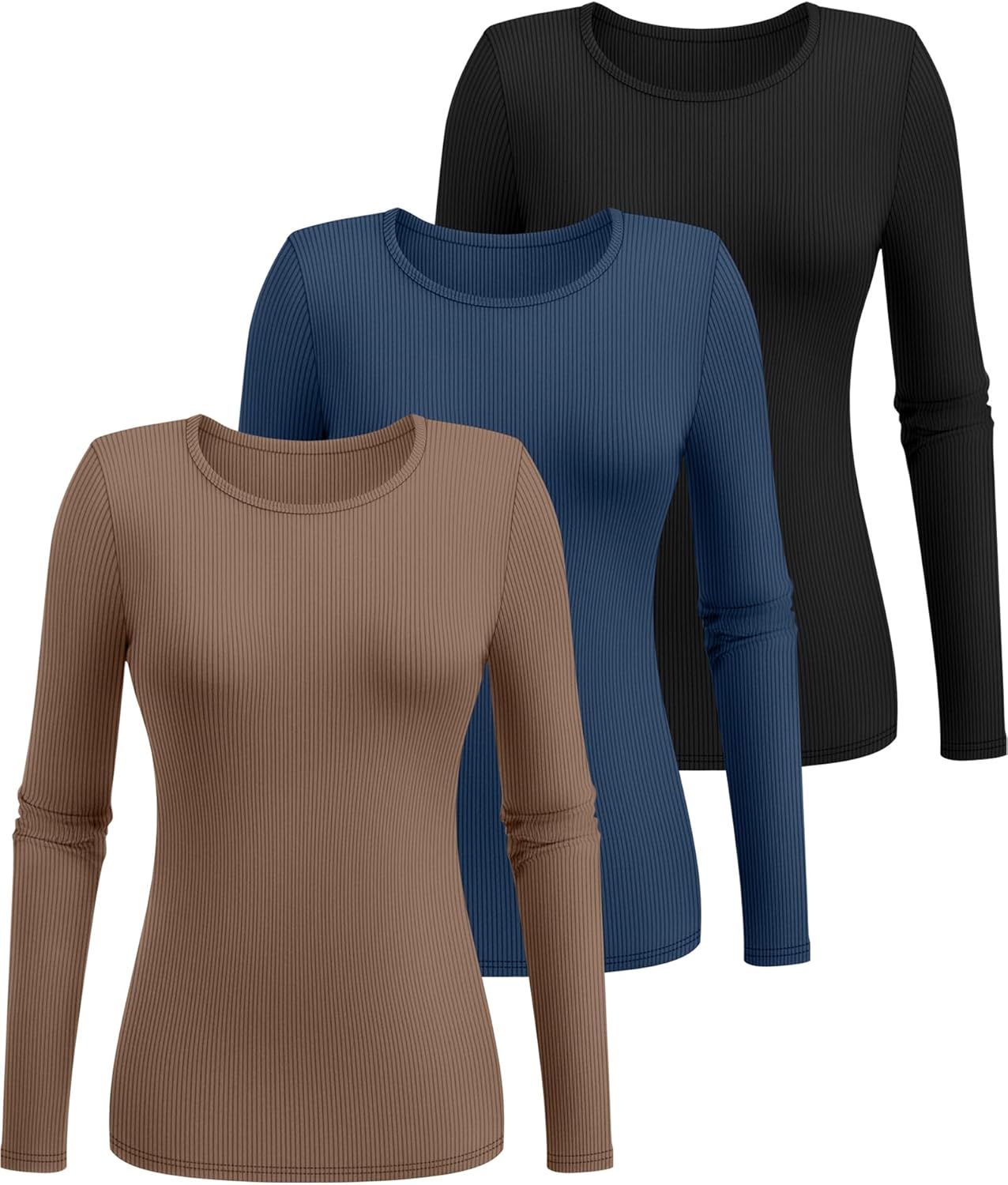 Ficerd 3 Pack Women's Ribbed Long Sleeve Tops, Crew Neck Slim Fit Undershirts Knit Basic Casual Stretch Layering Tee Shirts - Image 3