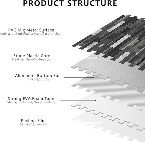 Miniatura 5 de STICKGOO - Loseta adhesiva de PVC y metal para muro de cocina y baño, losetas autoadhesivas, madera en tono negro grisáceo y plateado (10 láminas)