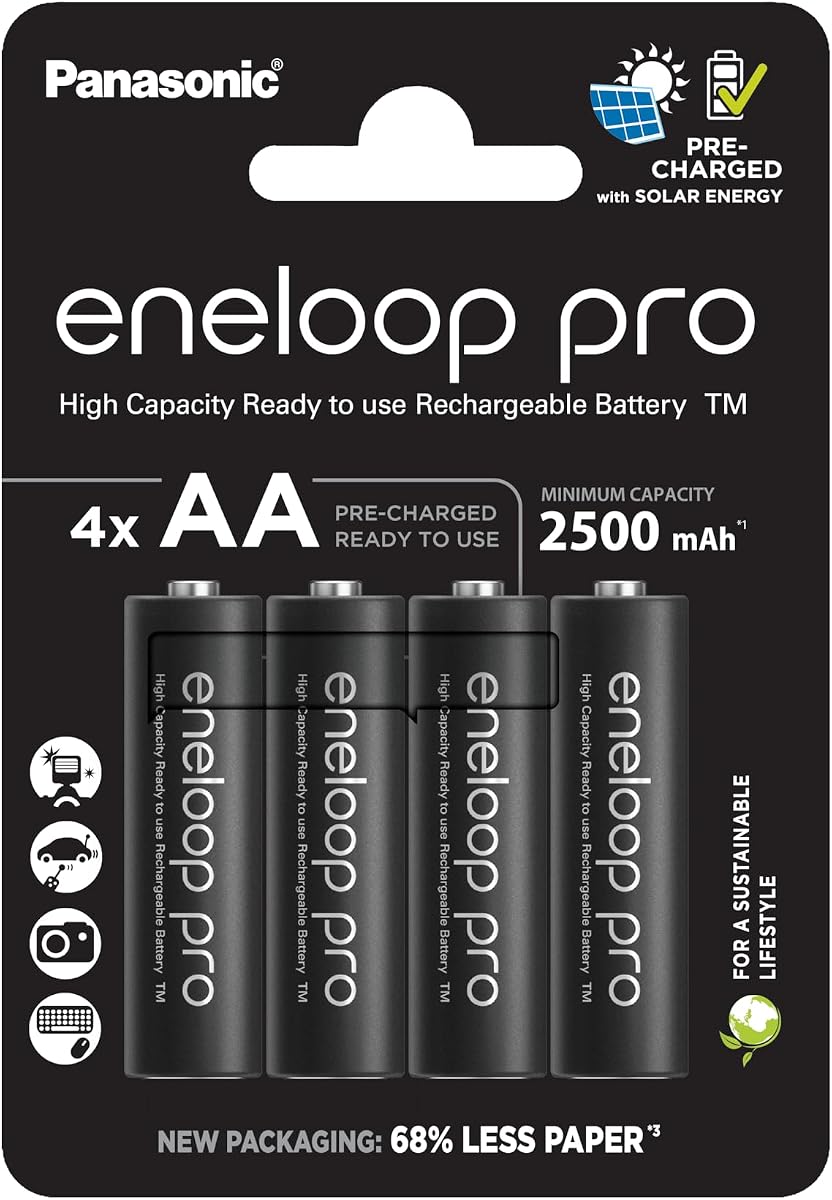 Panasonic eneloop pro | Pilas Ni-MH listas para usar, AA/Mignon, 4 piezas incluidas, mín. 2500 mAh, 500 ciclos de carga, baja autodescarga en el paquete sin plásticos, negro