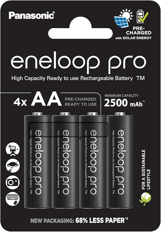 Panasonic eneloop pro | Pilas Ni-MH listas para usar, AA/Mignon, 4 piezas incluidas, mín. 2500 mAh, 500 ciclos de carga, baja autodescarga en el paquete sin plásticos, negro