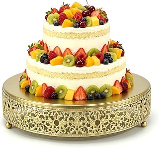 12 Inch Luxury Gold Cake Stand, Round Metal Dessert Display with Ornate Filigree Lace, Dual-Coated Premium Finish for Wedding, Anniversary & Elegant Home Decor