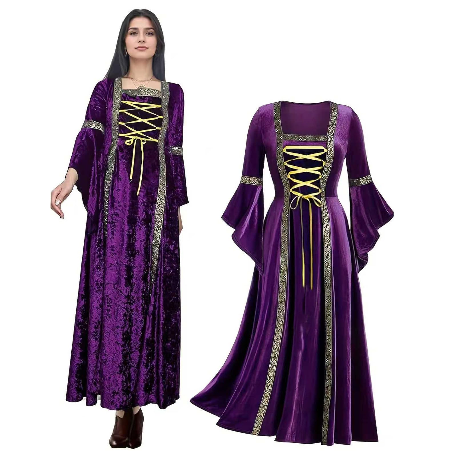 Retro Medieval Women's Dress with Trumpet Sleeves, Medieval Victorian Green Velvet Queen Dresses, Renaissance Irish Dress, Carnival Halloween Party (S, Purple)