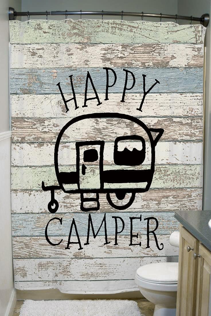 JAWO Happy Campers Shower Curtain Retro Rustic Wood Neutral Color for Travel Trailer Camping Theme Motor RV Bathroom Stall Shower Curtain Set, Waterproof Fabric Shower Cutain, Hooks Include 72X75