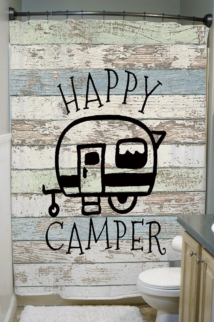 JAWO Happy Campers Shower Curtain Retro Rustic Wood Neutral Color for Travel Trailer Camping Theme Motor RV Bathroom Stall Shower Curtain Set,