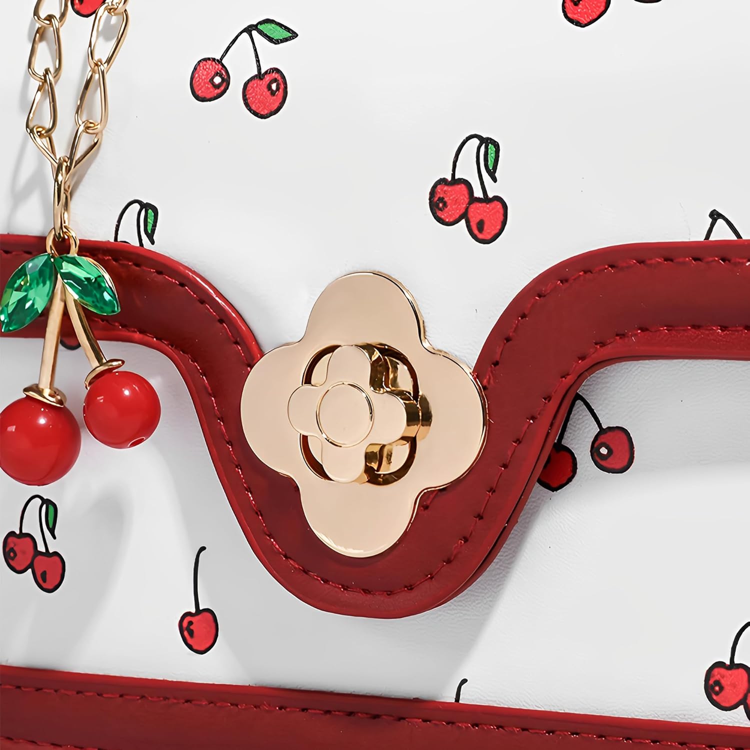 Cherry Leather Tote Bag – Cute Y2K Shoulder Purse for Women, Red Designer Handbag with Top Handle, Fruit Print Clutch Satchel - Image 8