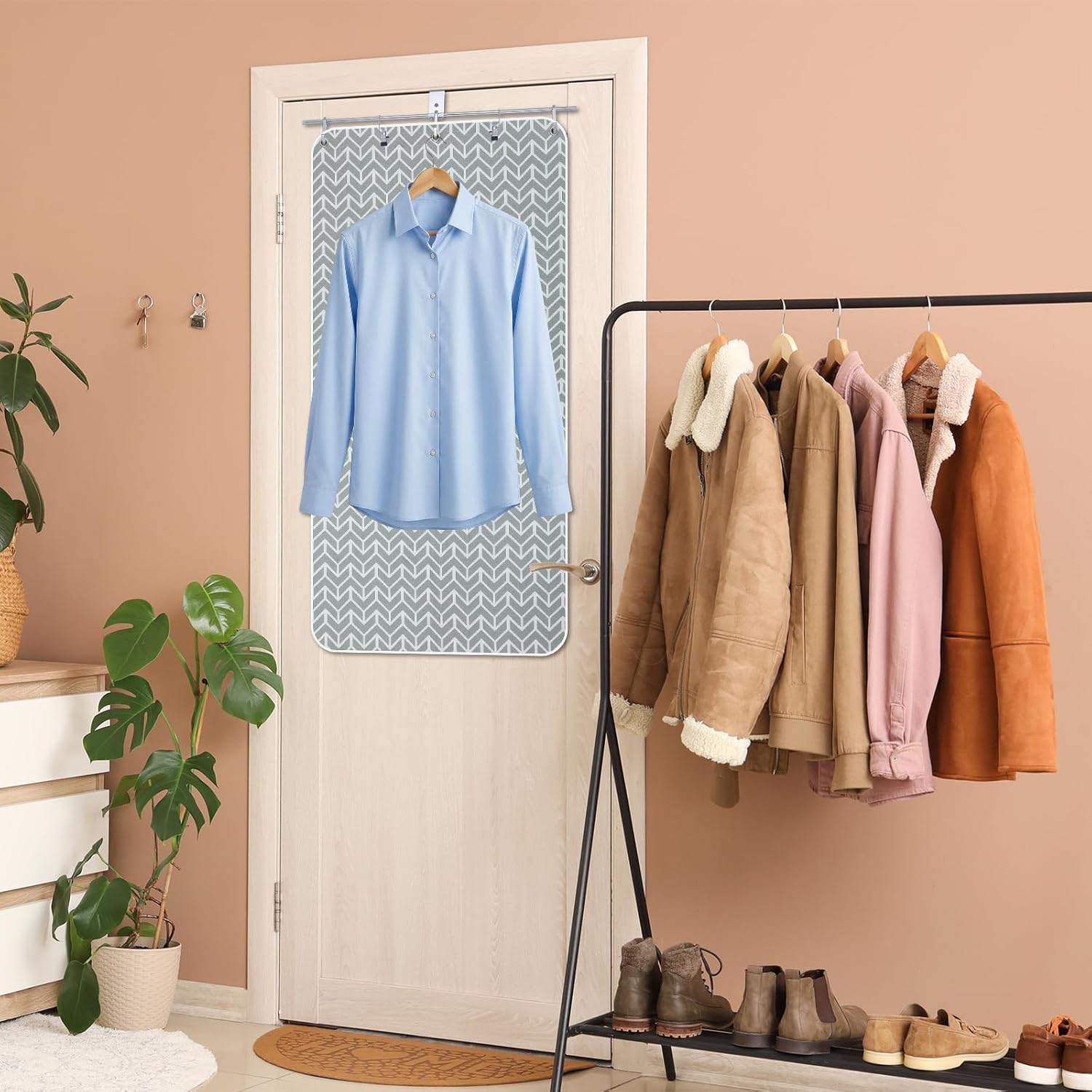 Riakrum Over-the-door Steaming Station 38" x 19" Clothes Steamer Station with Ironing Glove 100% Cotton Cover with an Aluminum Vapor Protection Layer for Home and Travel Use