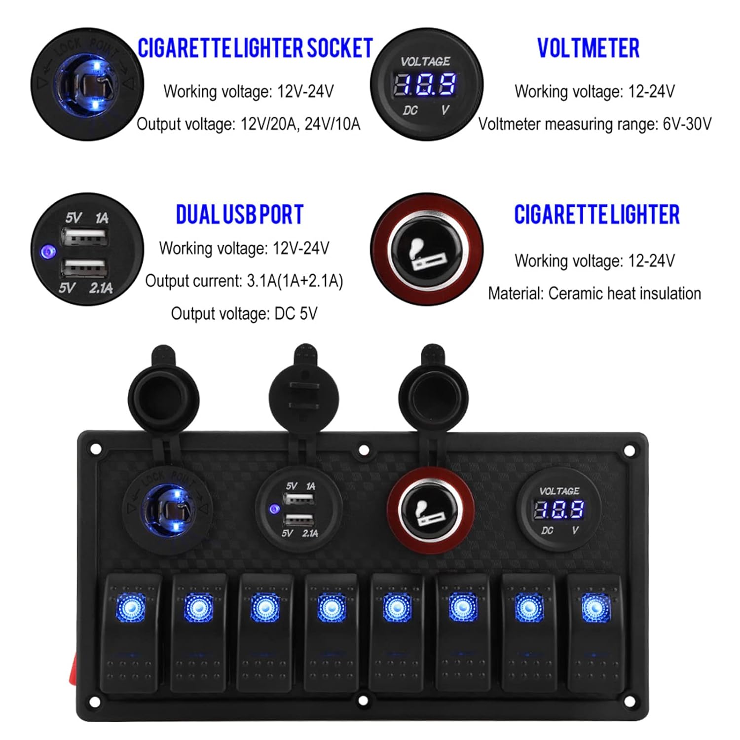12V 24V 8 Gang Car Boat LED Rocker Control Panel USB Voltmeter Cigarette Equipment Inside at Rocker SwitchSwitch PanelRocker PanelBoat PanelCar Switches Panel8 Gang LED PanelCar