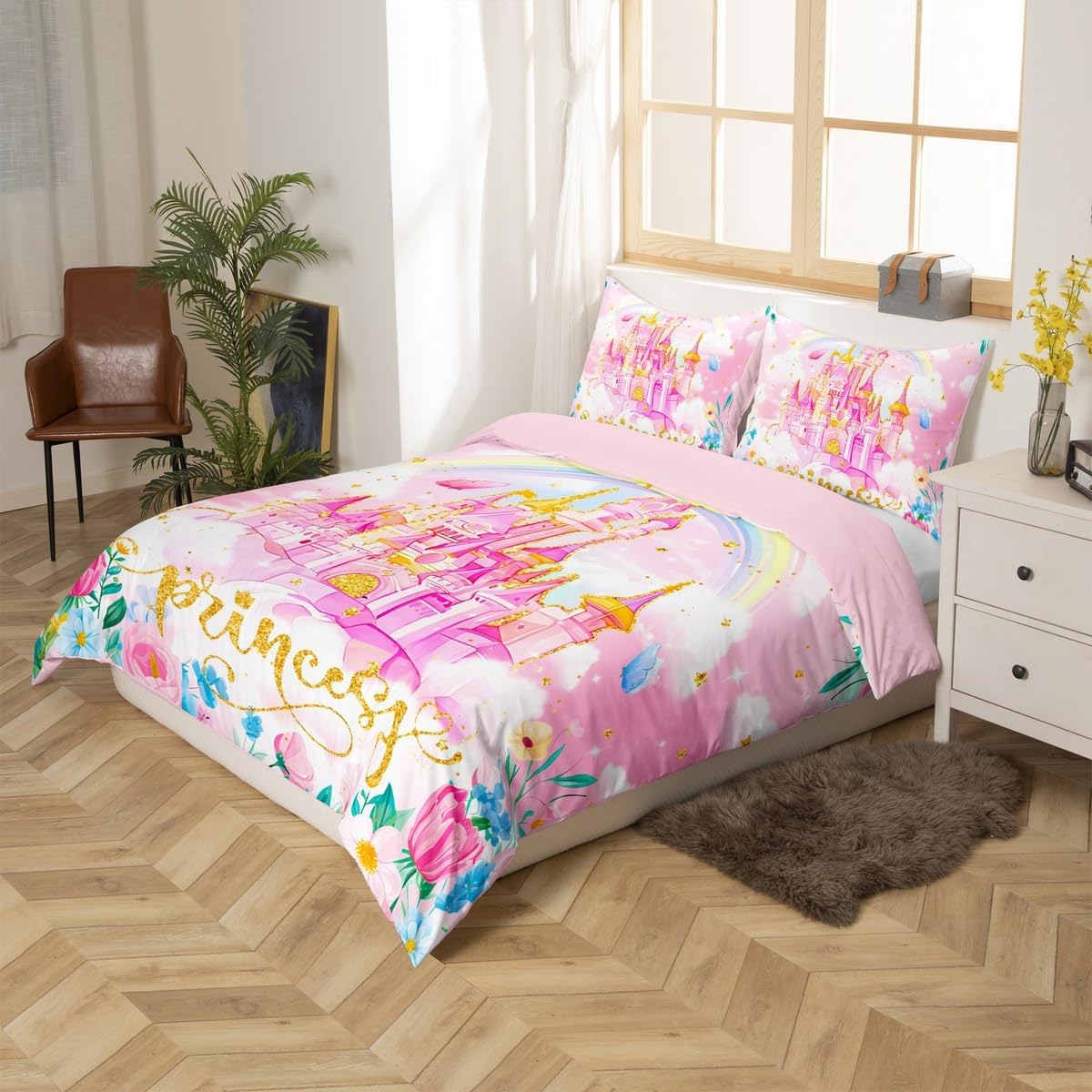 Feelyou Kids Girls Princess Bedding Set Toddler Size, Casstle Comforter Cover Boys Girls Princess Decor Duvet Cover Fairy Tales Teens Bedroom Decor Bed Set with 1 Pillow Case (No Comforter)