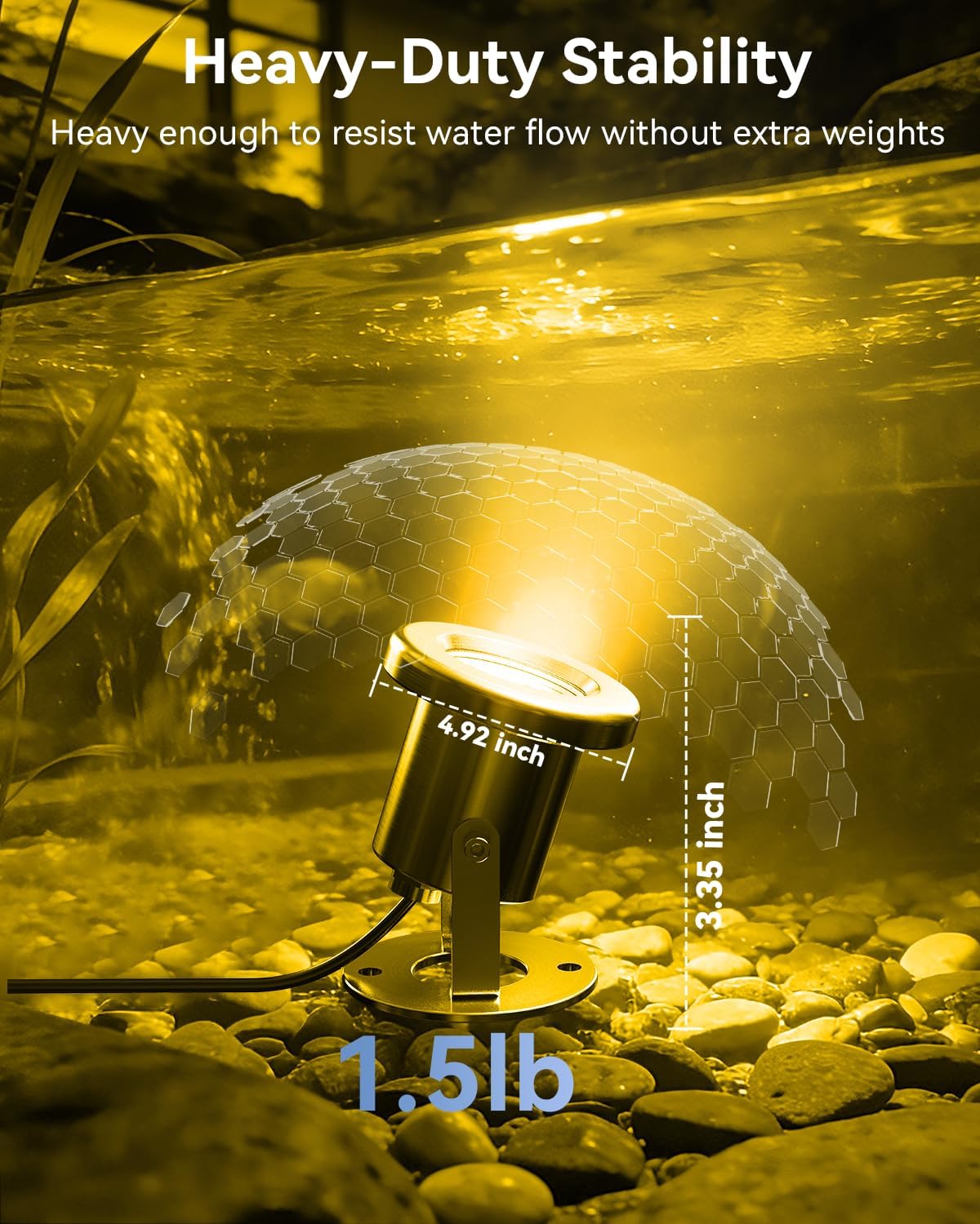 6W LED Pond Light, 2700K SS316 Stainless Steel Underwater Fountain Light with 15FT Cord, IP68 Waterproof Pond Lights LED Underwater for Outdoor Pond Fountain Waterfall Water Feature (1 Pack)