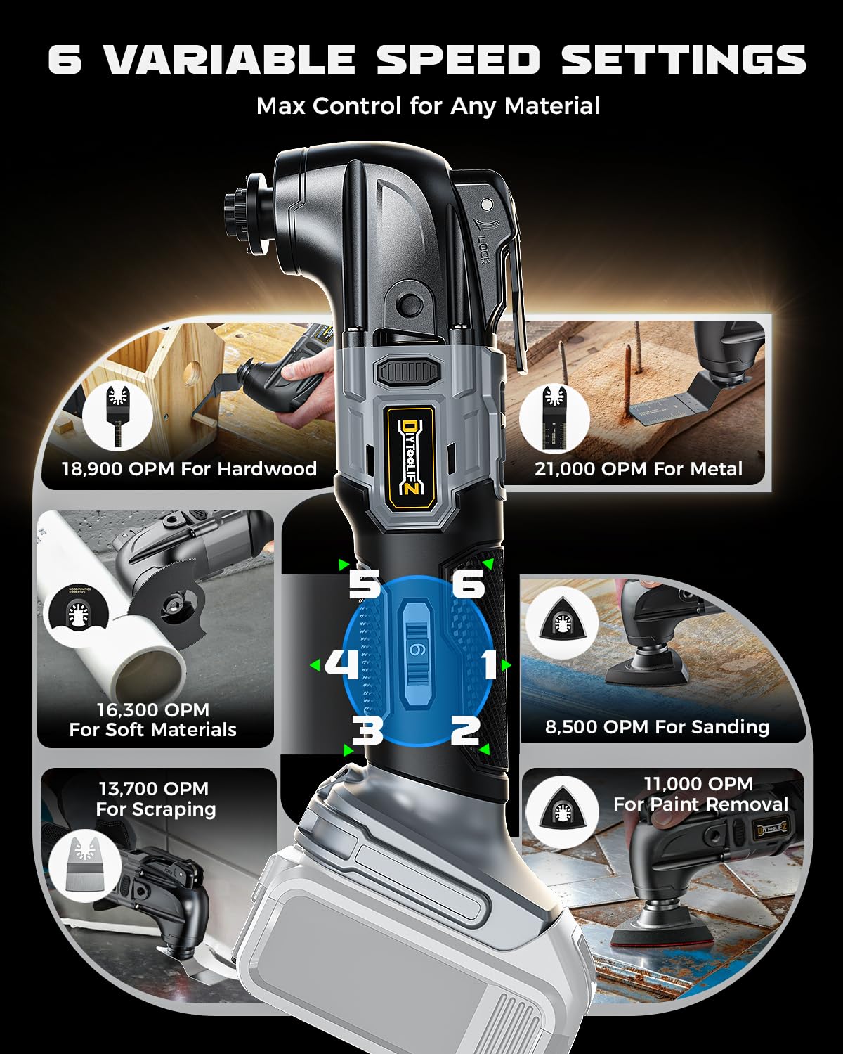 Herramienta oscilante inalámbrica para batería Dewalt de 20 V, herramienta de motor sin escobillas de 6 velocidades variables, kit de herramientas oscilantes para cortar clavos de madera, yeso, quitar