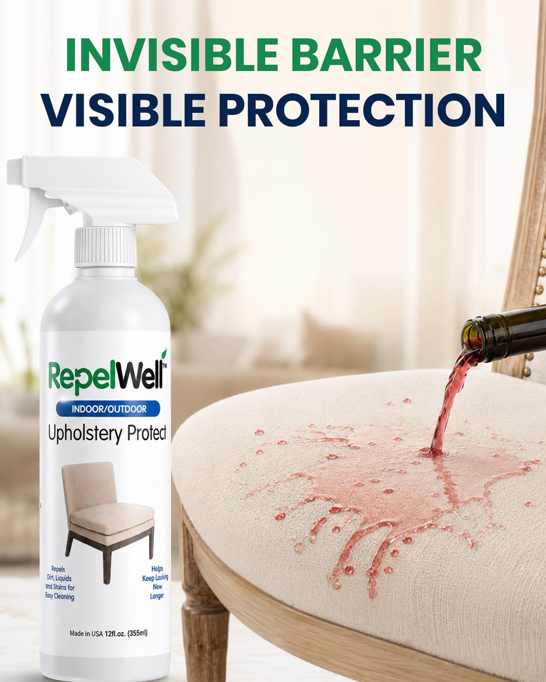 RepelWell Upholstery Protect - Spray Repelente al Agua y Manchas (12 onzas), Respetuoso con el Medio Ambiente, Apto para Mascotas, Mantiene tu tapicería de Tela, Cuero y Gamuza como Nueva
