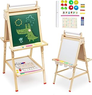 NUKied Kids Easel Double Sided Toddler Wooden Easel Chalkboard Whiteboard Wooden Art Easel Height Adjustable with Paper Roller Stickers Painting Accessories Storage Tray