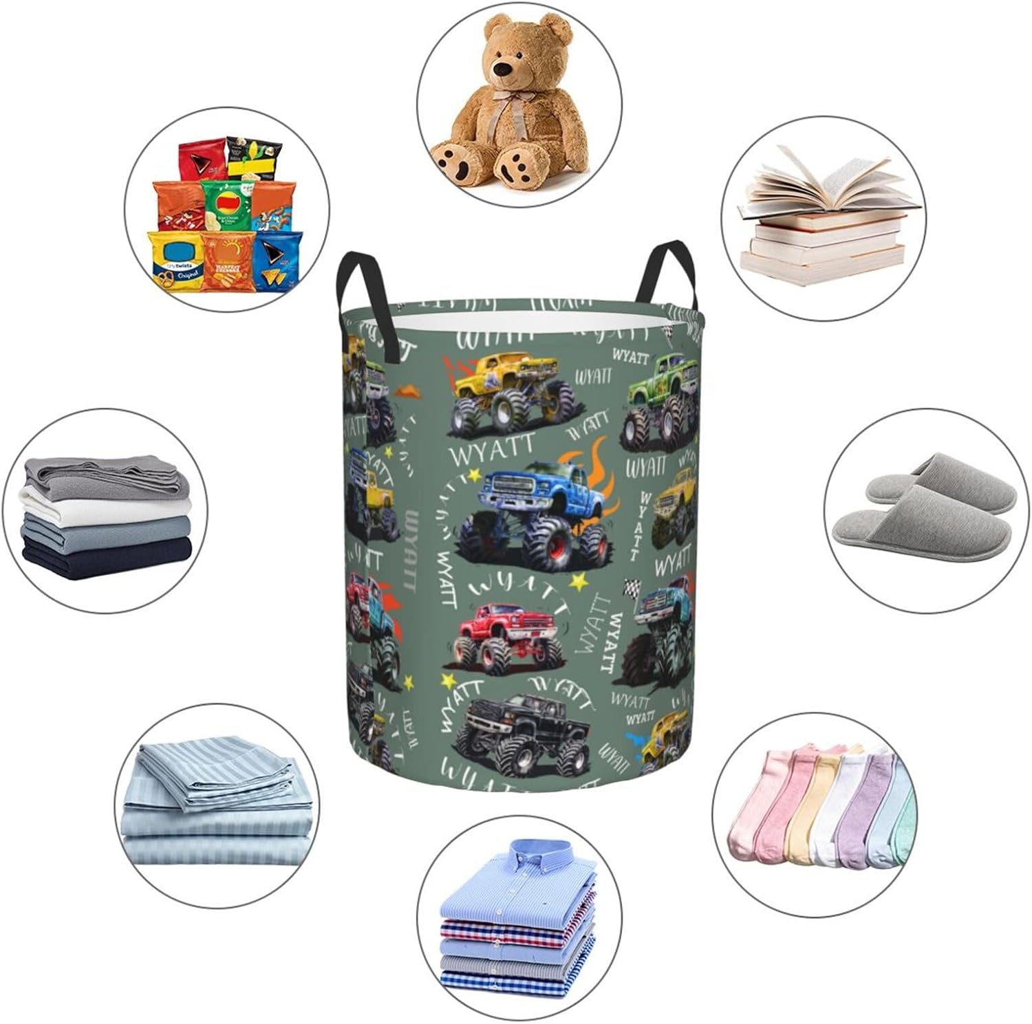 Personalized Mon-Ster Trucks Laundry Hamper Gifts, Custom Mon-Ster Trucks Laundry Basket With Name for Kids Boys Girls Adults, Collapsible Baby Laundry Hamper, Dirty Clothes Hamper With Handles Medium