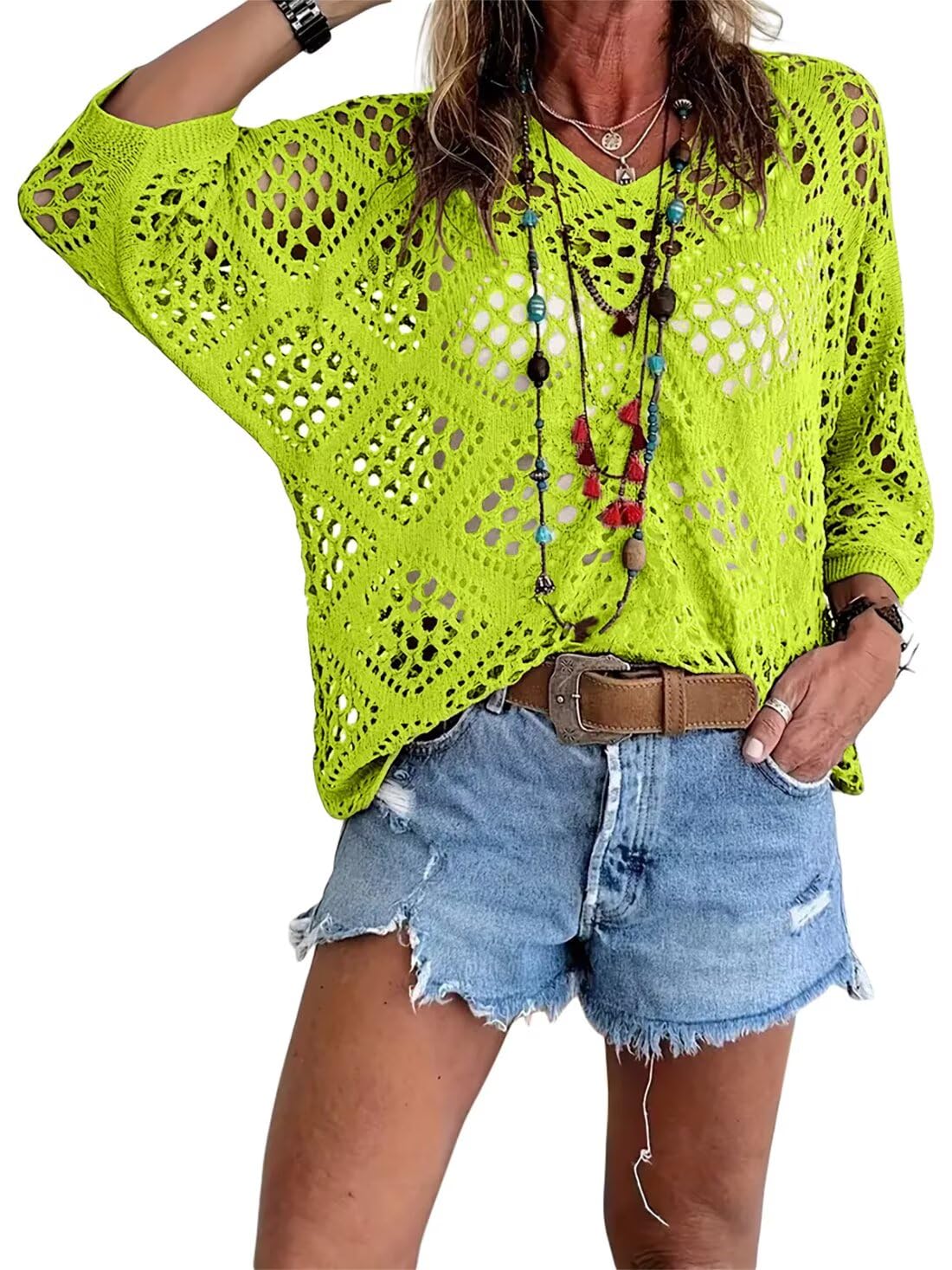 Allimy Womens Summer Crochet Long Sleeve Sexy Tops Sweaters for Women 2026 Beach Cover ups Cruise Outfits, Fluorescent Green, L