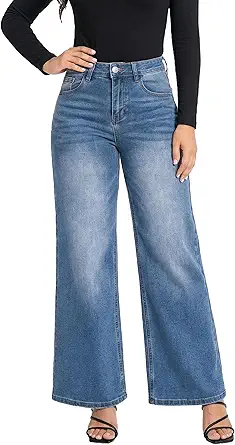 ONESO Wide Leg Jeans for Women High Waisted Stretchy Baggy Jeans BBL Loose Fit Tummy Control Denim Pants Raw Hem Casual