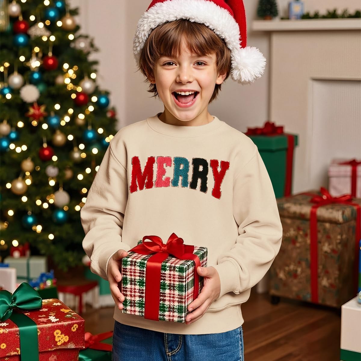Christmas Sweatshirt for Girl Boy Merry Chenille Patch Pullover Shirt Kid Xmas Crewneck Long Sleeve Outfit 7-12 Years