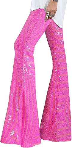 EVALESS Pantalones de lentejuelas para mujer, con purpurina brillante, cintura alta, pierna ancha, acampanada, parte inferior acampanada, ropa de