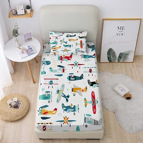 Yasida Sábanas bajeras y fundas de almohada para cama individual de avión (1 sábana bajera y 1 funda de almohada), juego de sábanas para niños con