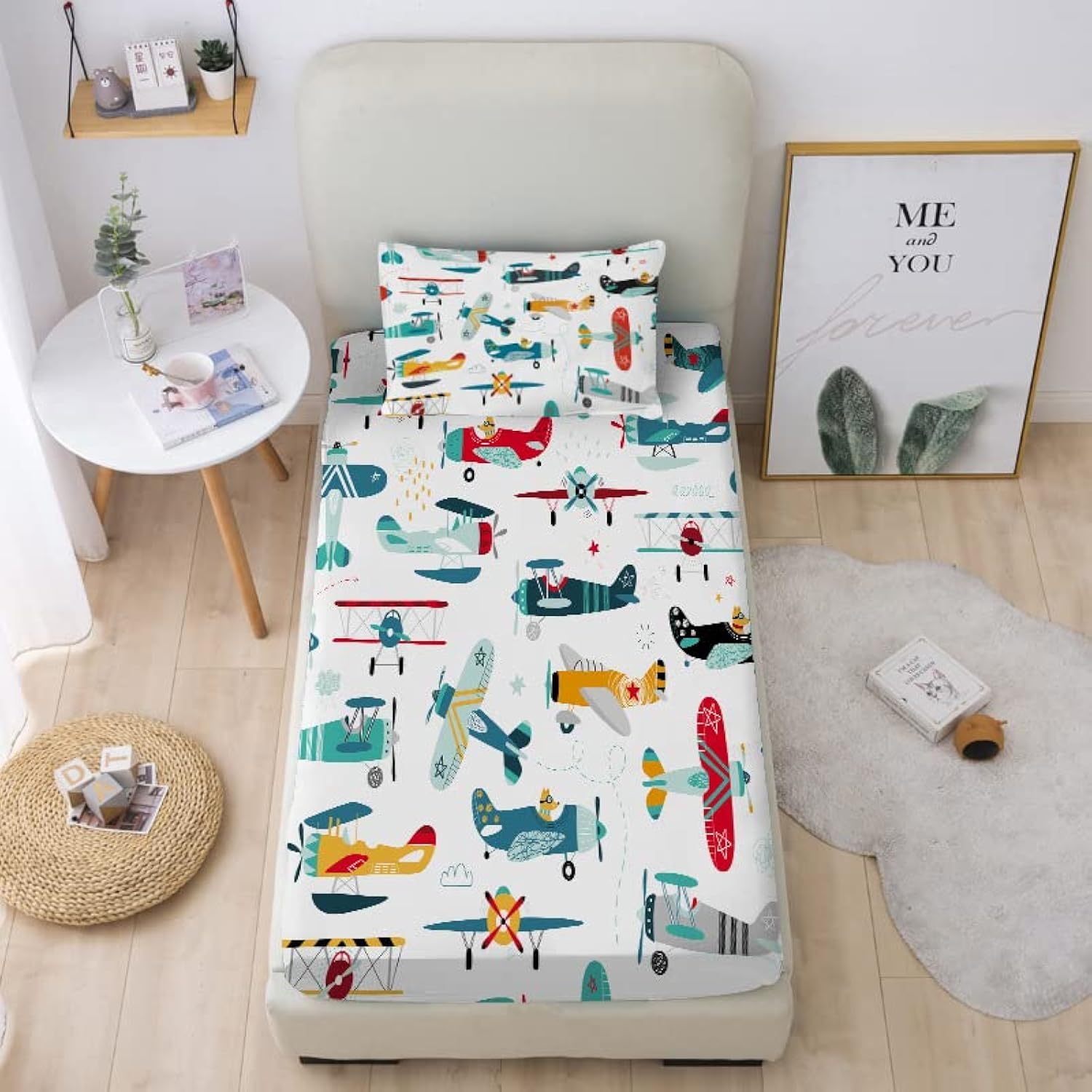Parure de lit avec draps-housses lit simple motif avion dessin animé enfant