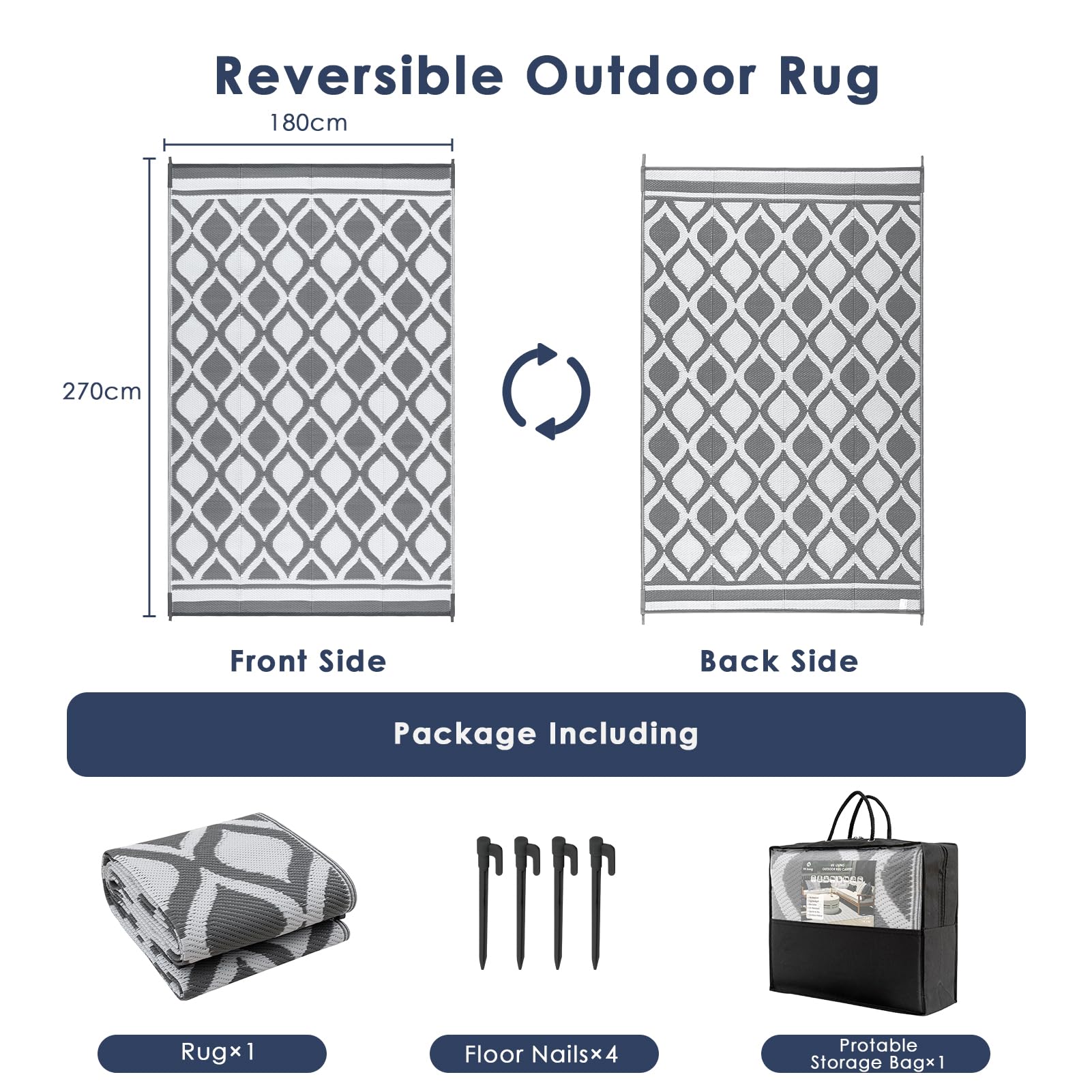 VK·LIVING Grand Tapis d'Extérieur pour Patios Imperméable 180X270cm Tapis de Jardin Réversible Tapis de Sol en Léger Tapis de Patio Pliable et Portable pour Balcon Camping Cour RV Plage Gris&Blanc