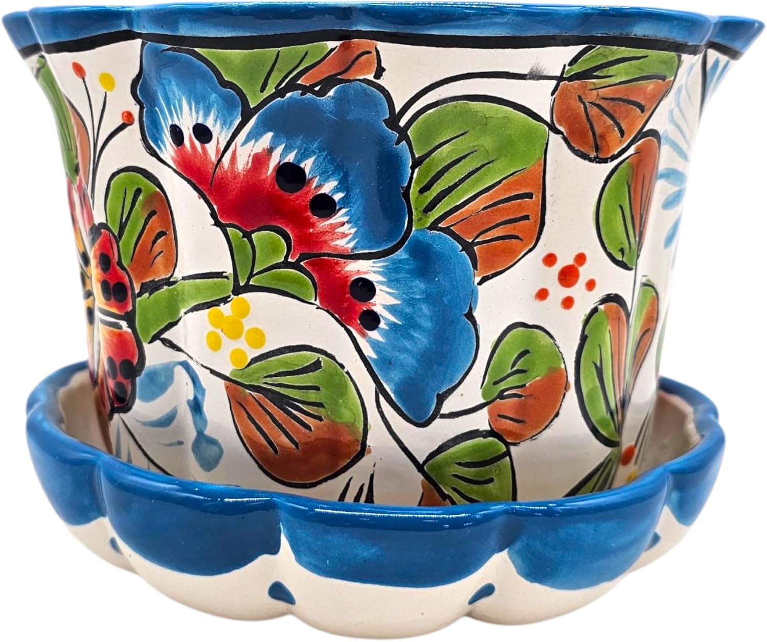 Violet Pot Planter with Saucer Large Hand Painted Indoor Outdoor Multi Colored Figure Glazed Spring