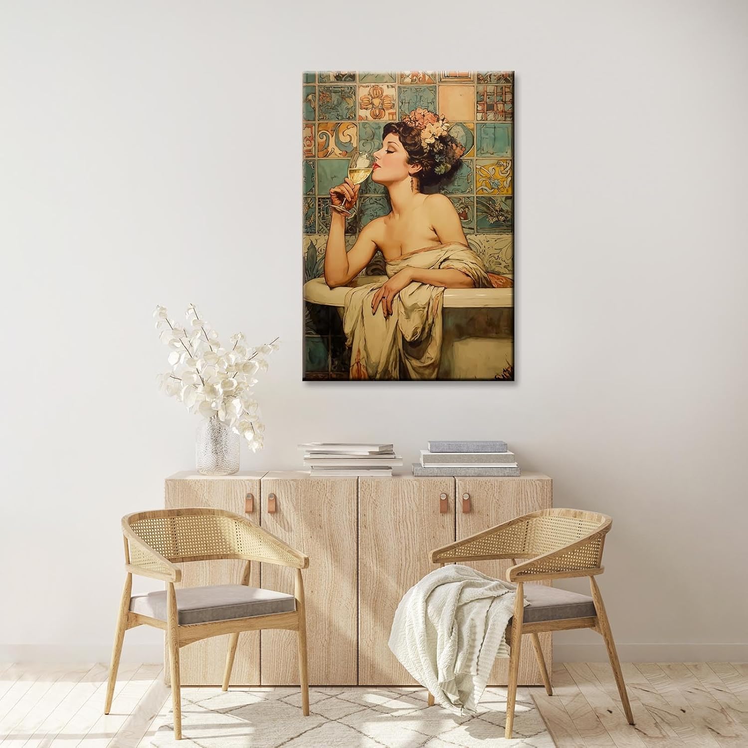 CRTDYQU Art Decor Bathroom Print Glamorous 1920 Coquette Aesthetic Woman in Bathtub with Champagne Alcohol Chic Giclee Wall Art for Fashionista Gift Home & Apartment Decor 12X16 in Wrapped Framed