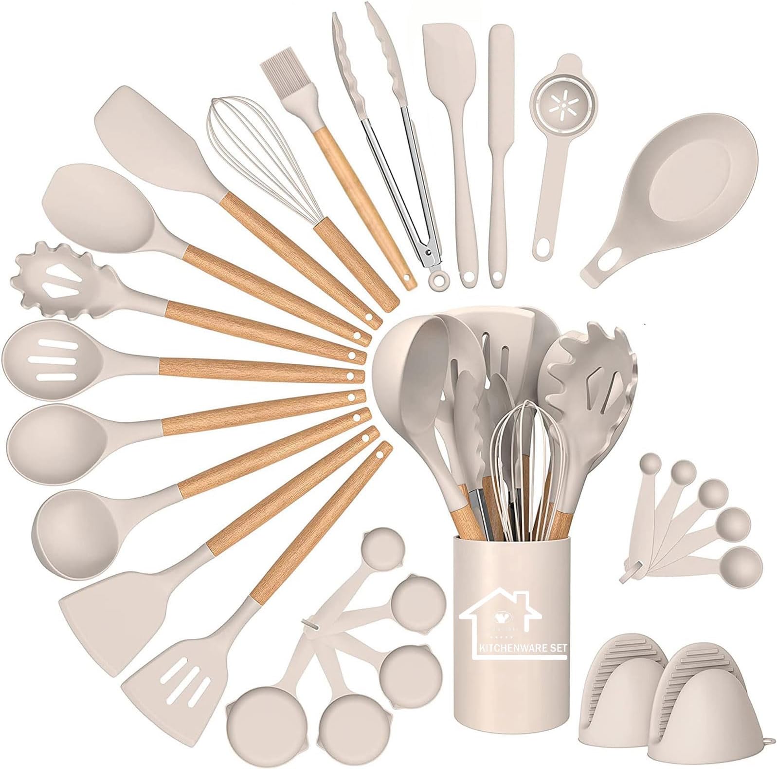 Silicone Kitchen Utensils Set, 28pcs Silicone Kitchen Cooking Utensil Set, Kitchen Tools Spatula Set with Holder for Nonstick Heat Resistant Cookware, Khaki