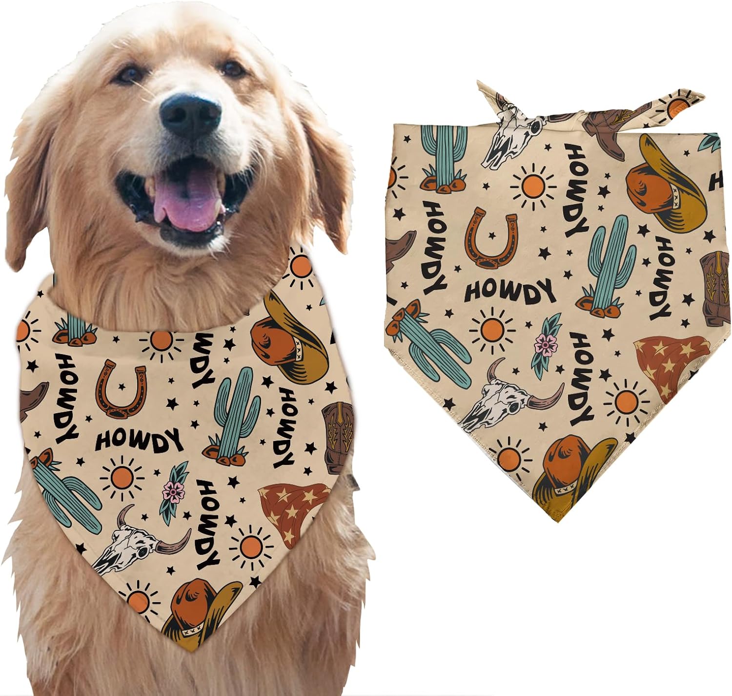 Arricraft 1 Pc Dog Bandana, 78x38cm Cowboys Theme Hats Boots Cow Skull Triangle Adjustable Comfortable Pet Bibs Washable Cotton Scarf Kerchief for Large Dog Brown
