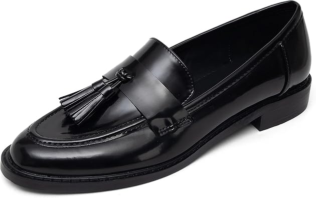 NEWBELLA Womens Closed Toe Leather Loafers, Slip On Casual Dress Shoes, Tassel Comfort Office Work Footwear, Elegant Business Commute Loafers