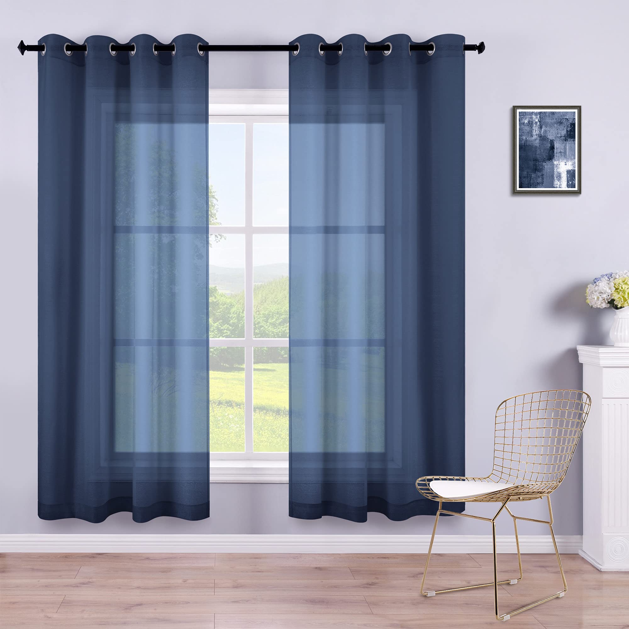 KOUFALL Kids Curtains for Bedroom 2 Panel Set, Semi Sheer Sprots Themed Gaming Curtains for Boys Room,63 Inch Length,Navy Blue