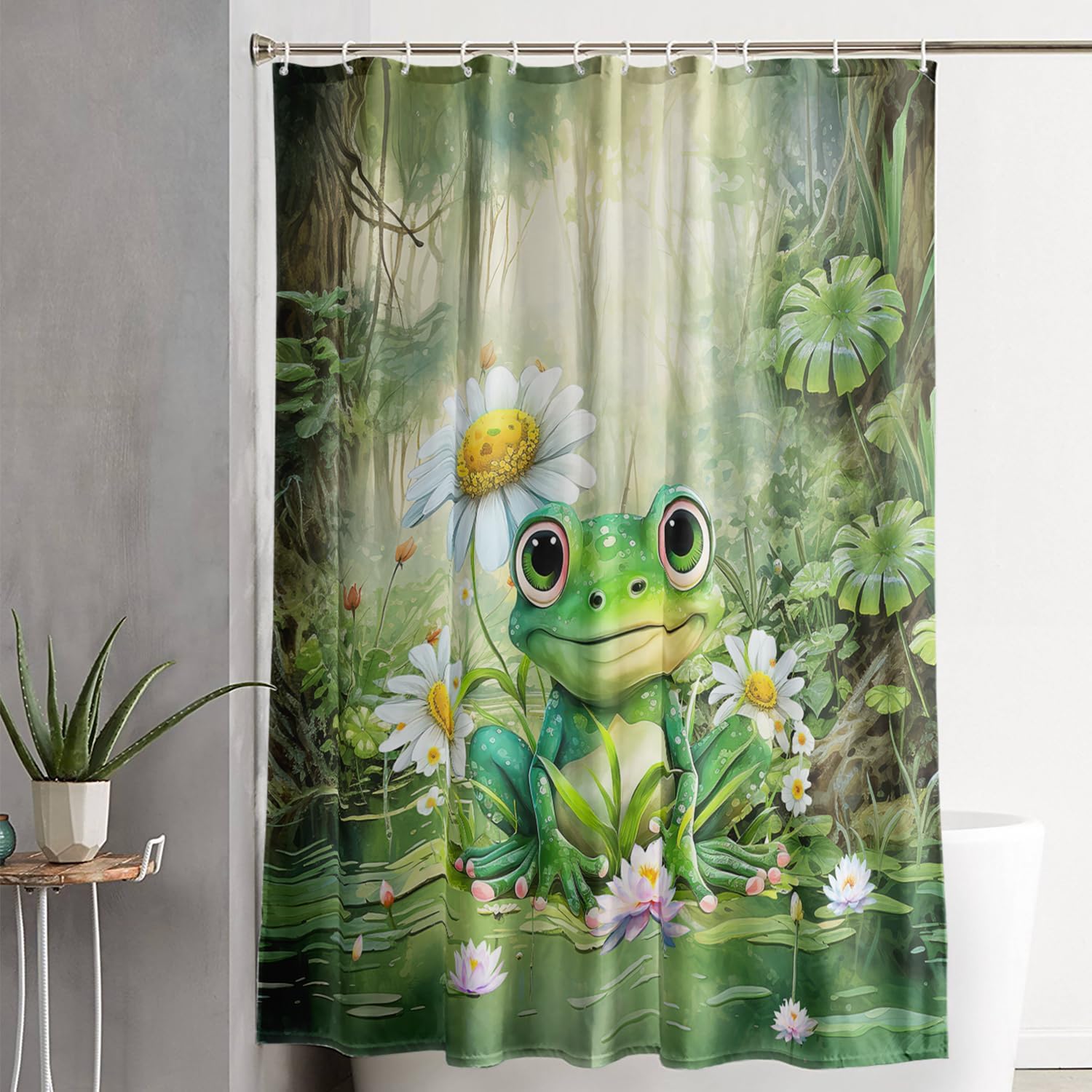 AILONEN Cartoon Frog Shower Curtain,Green Frog with Daisy Bath Curtain Set for Kids Boys Girls,Nature Tropical Amphibian Waterproof Fabric Shower Curtain for Bathroom,72" W*72" H