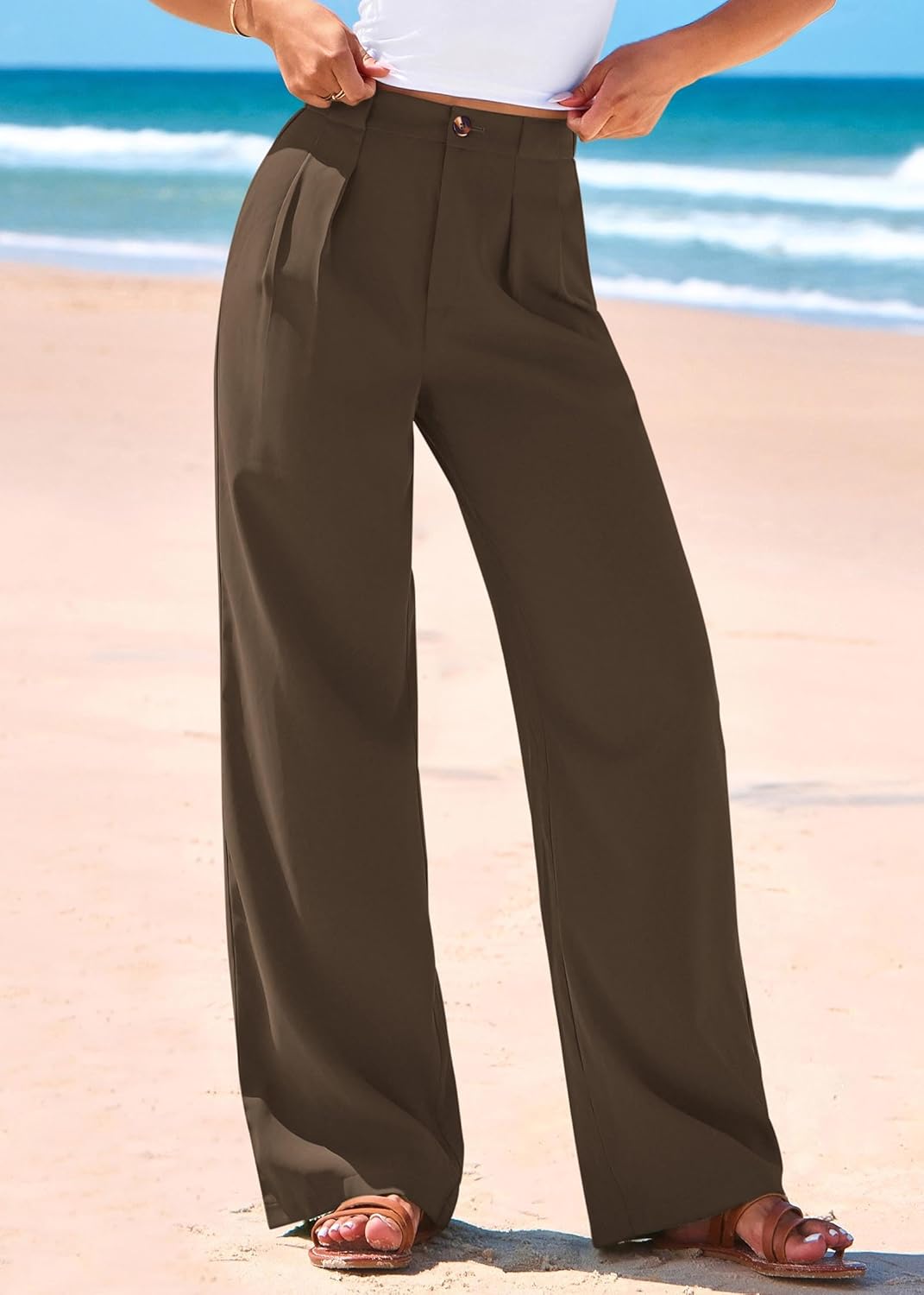 KIRUNDO Wide Leg Dress Pants for Women High Waisted Office Work Trousers Business Casual Slacks Button Flowy Palazzo Pant - Image 8