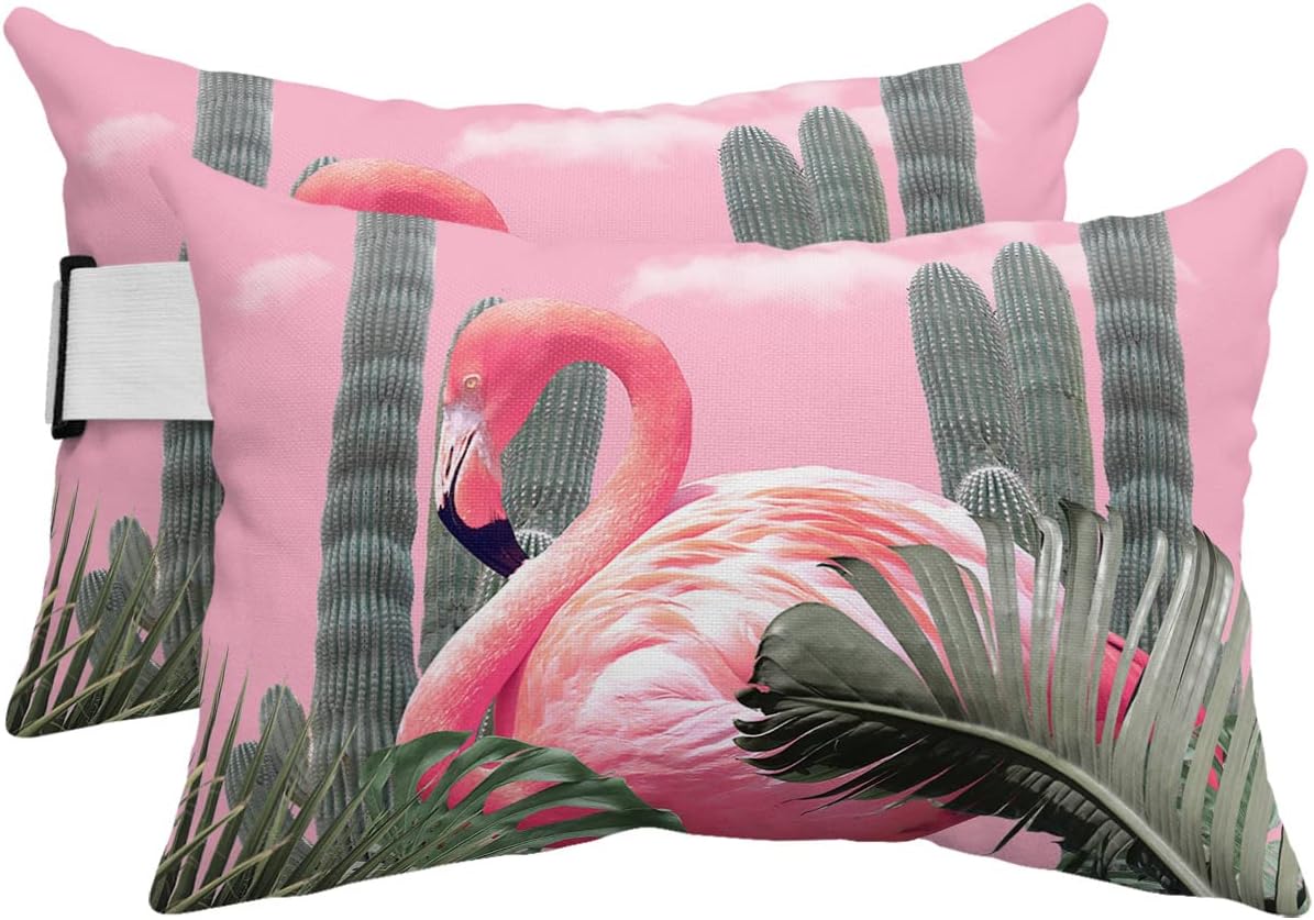 Recliner Head Pillow Lounge Chair Pillows with Insert Colorful Flamingo Animal Lumbar Pillow with Adjustable Strap Outdoor Waterproof Patio Pillows for Couch Beach Pool Office Chair, 2 PCS