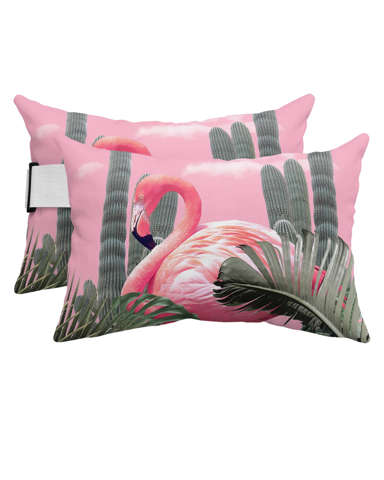 Recliner Head Pillow Lounge Chair Pillows with Insert Colorful Flamingo Animal Lumbar Pillow with Adjustable Strap Outdoor Waterproof Patio Pillows for Couch Beach Pool Office Chair, 2 PCS