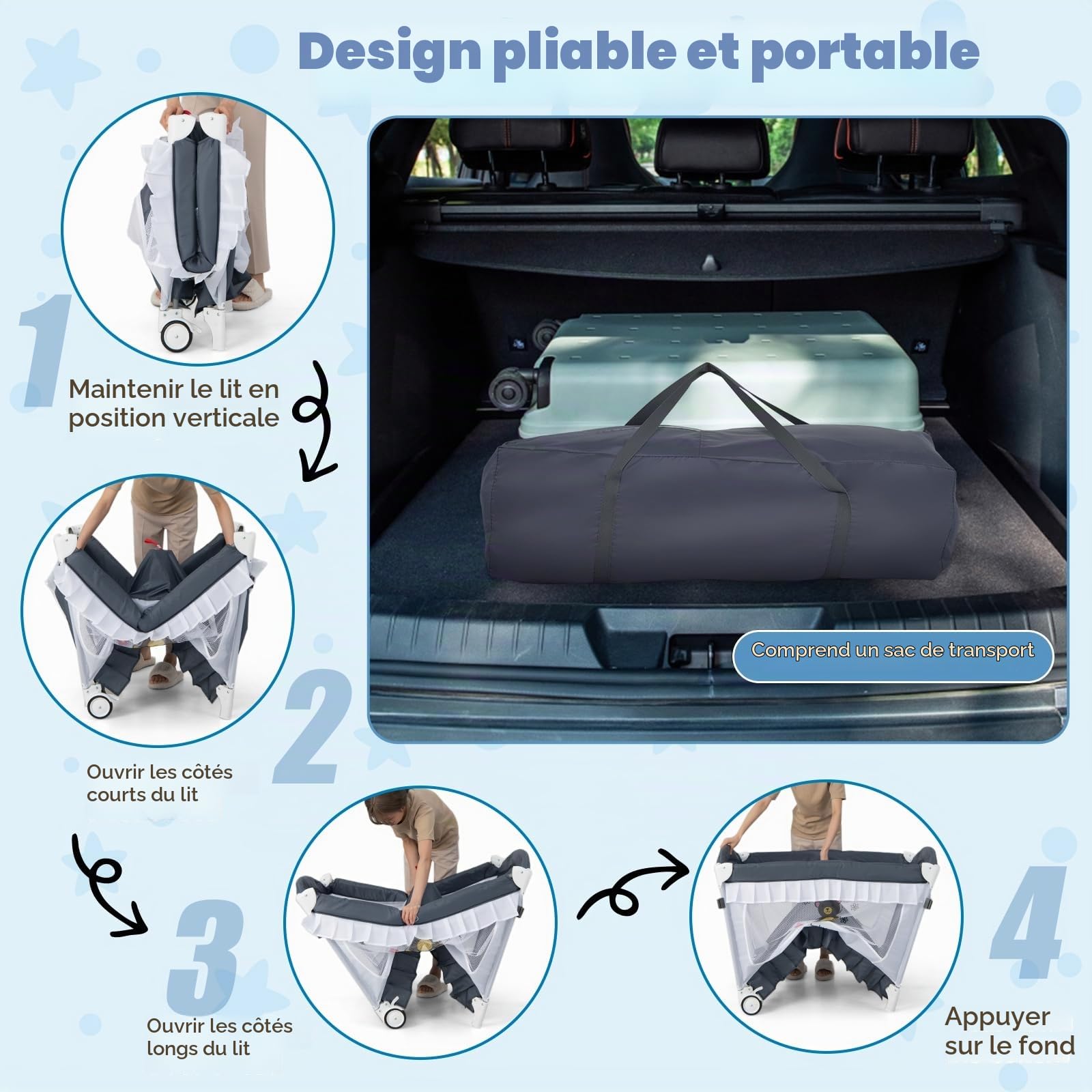 LIFEZEAL 4 en 1 Lit Bébé Evolutif avec Baldaquin, Lit Parapluie Bebe Pliable avec Matelas et Table à Langer, Lit Bebe 0-36 Mois avec Sac de Rangement (Gris)