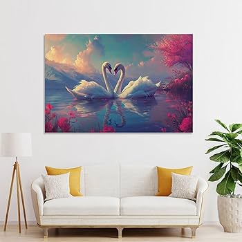 Amazon.co.jp: 絵画 ハートを形成する2羽の白鳥インテリア 絵画