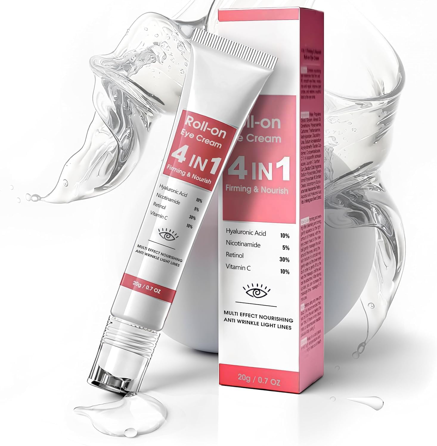 Eye Repair Cream for Dark Circles & Puffiness, Daily Wrinkle Cream, Anti Aging Under Eye Care โ 10% Hyaluronic Acid, 5% Niacinamide, 30% Retinol, Vitamin C โ 360ยฐ Roller Massage Ball, 0.7 fl oz