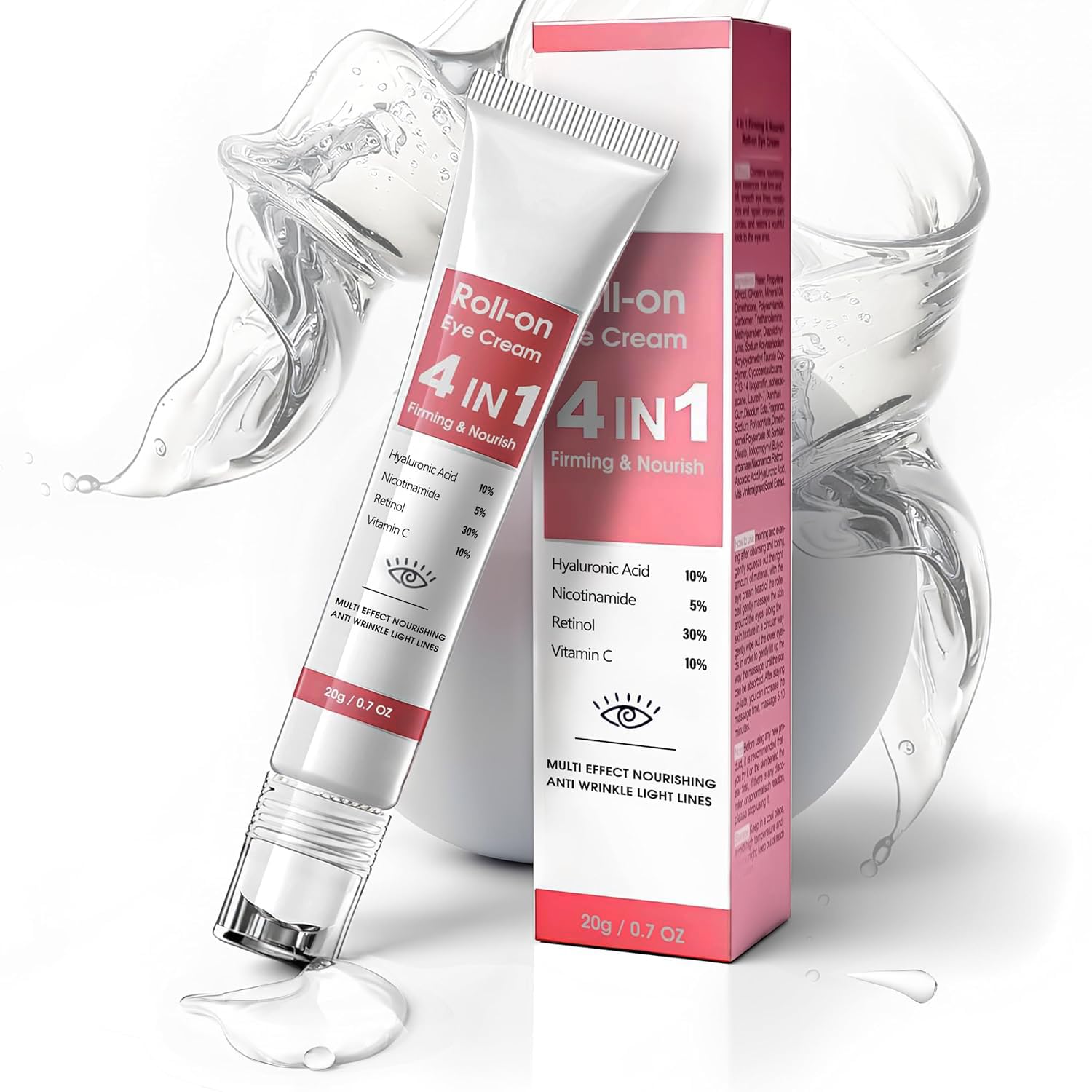 Eye Cream with 10% Hyaluronic Acid, 5% Nicotinamide, 30% Retinol, 10% Vitamin C for Puffy Bags Fine Lines Dark Circles Wrinkles, Under Eye Cream with 360° Roller Massage Ball, 0.7 fl. oz